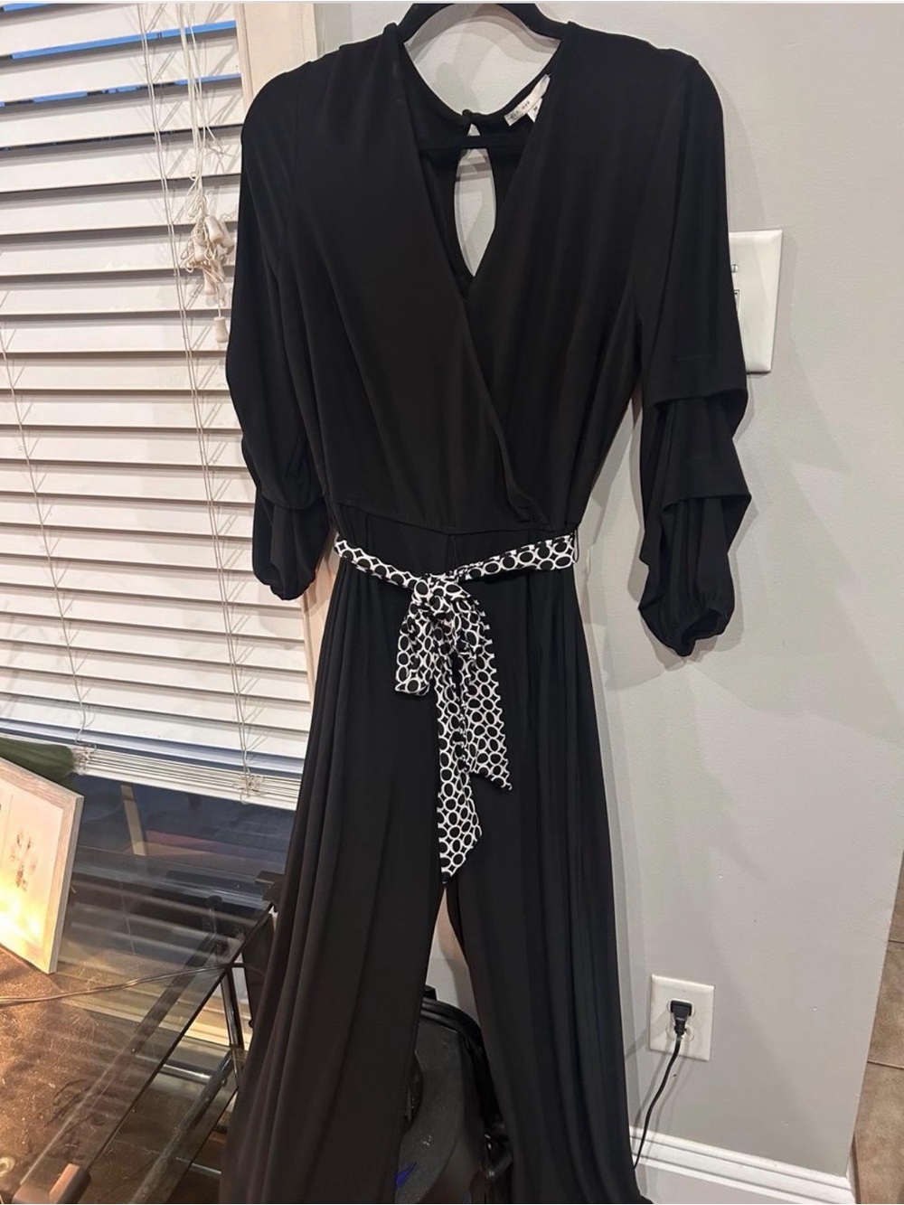 Black Women's Long Sleeve Wrap Dress with Patterned Tie Belt